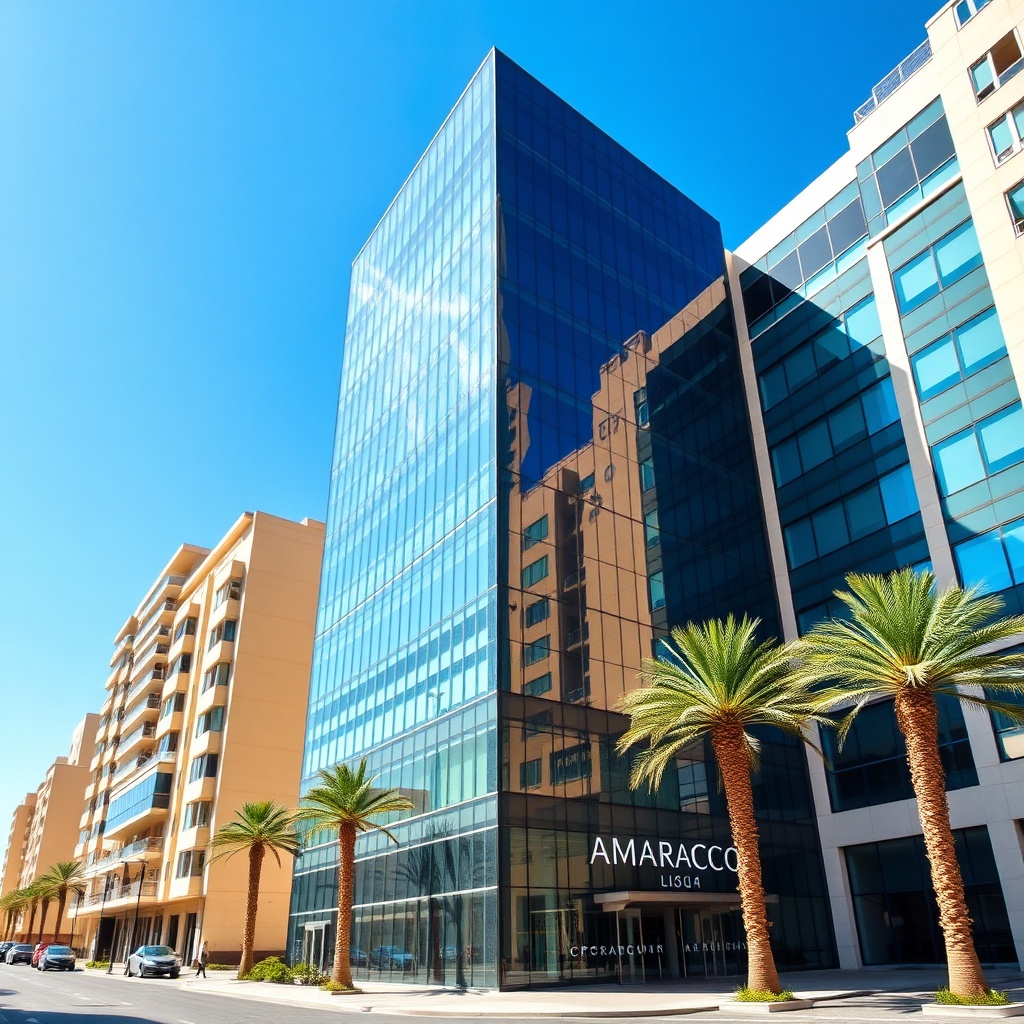 Exterior of a contemporary office building in Casablanca's business district, representing a professional bureau professionnel maroc in a strategic location for business and administration.