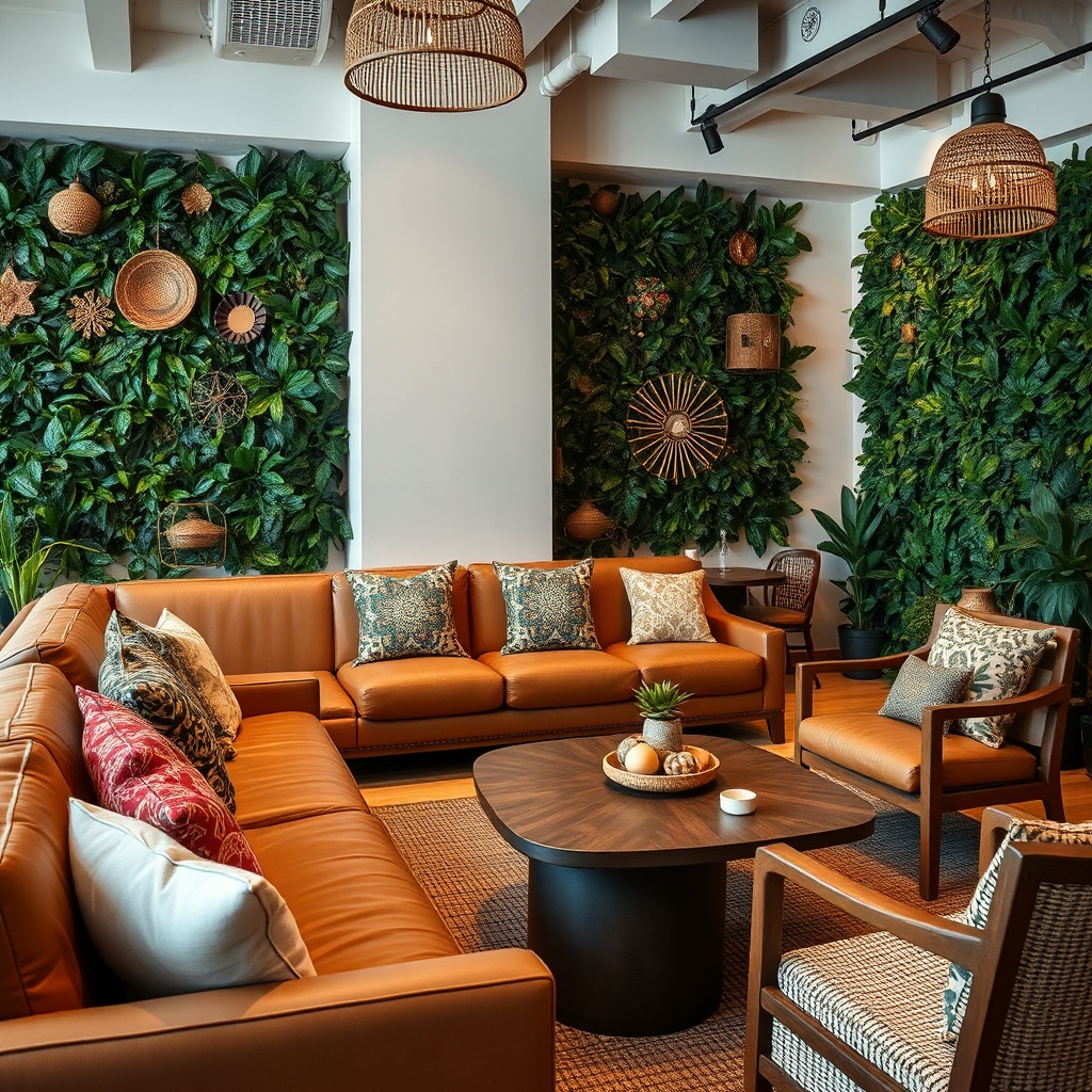 Mobilier professionnel pour espace de coworking à Casablanca, incluant assises lounge et tables basses artisanales
