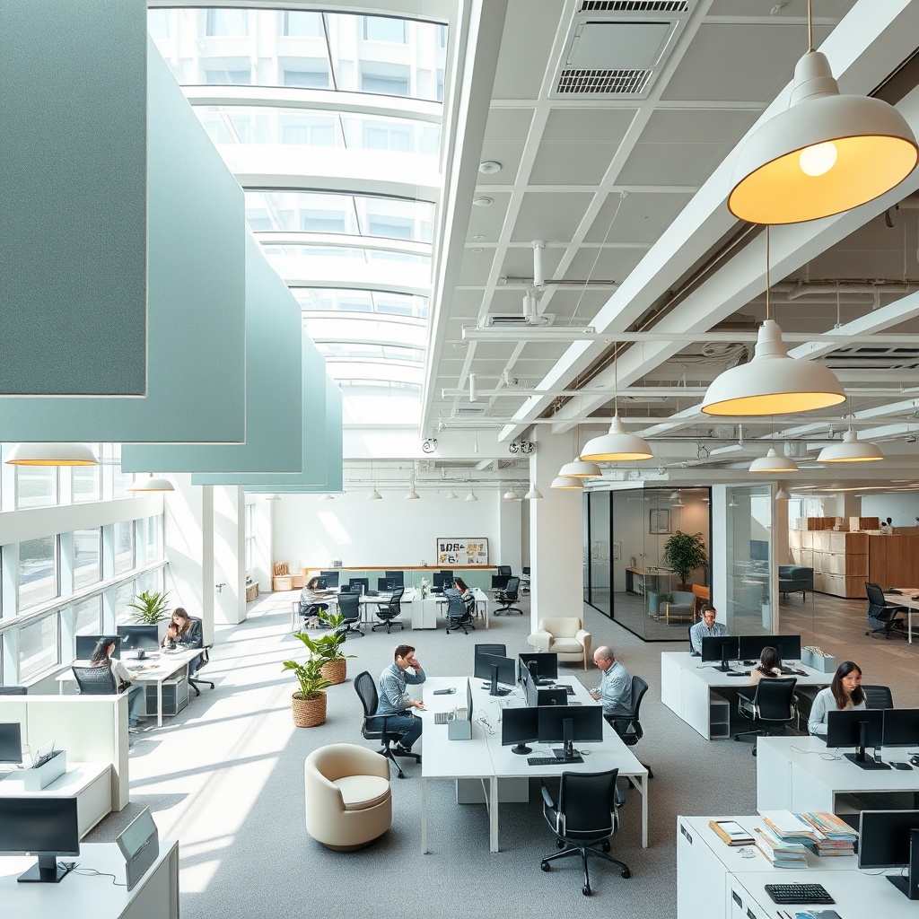 Successful transition bureau fermé open space with acoustic panels, phone booths, and collaborative areas in a modern office design