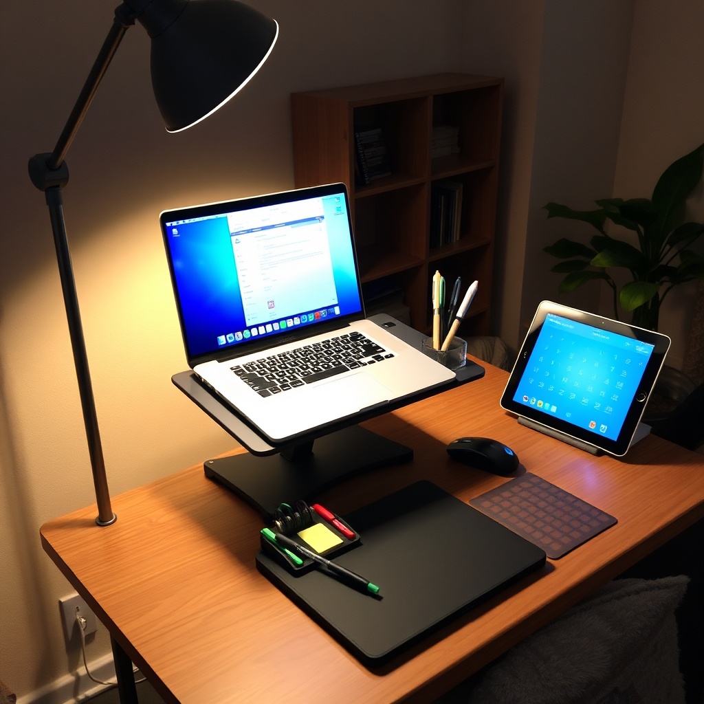 Espace de travail hybride et organisé avec station debout et rangements malins, pour optimiser espace de travail dans un petit coin de salon